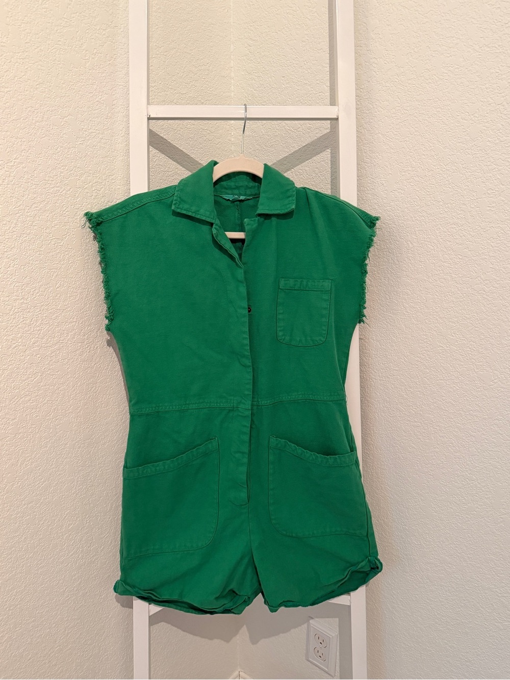 Ascot + Hart Green Utility Romper Raw Hem Button Front Size XS